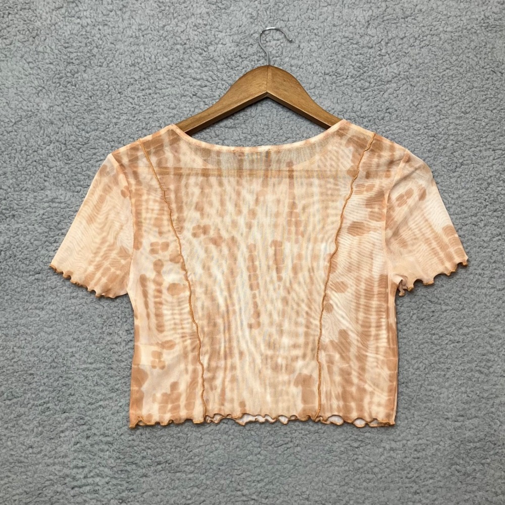 Y2K Very J Mesh Crop Top Women S Warm Tan Tie Dye Sheer Lettuce Hem Short Sleeve - Picture 3 of 3